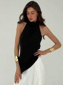 Blusa de cuello halter con bajo asimétrico de unicolor, top de verano para mujer, top de vacaciones de verano - Negro - Ver 7