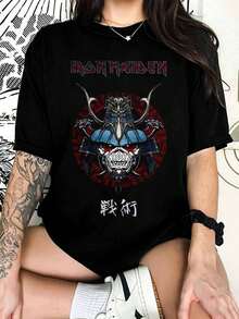 I-IronS M-MaidenS Samurai Eddie Graphic T-Shirt, Japanese Metal Art Tee, Top For Band Fans - Black - View 1