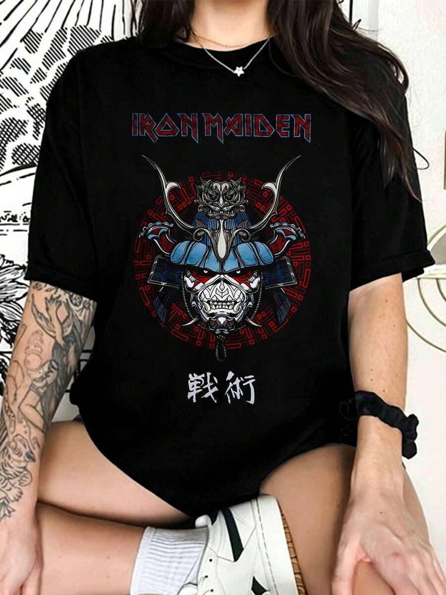 I-IronS M-MaidenS Samurai Eddie Graphic T-Shirt, Japanese Metal Art Tee, Top For Band Fans - Black - View 1