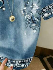 Camiseta de mujer de estilo chino con estampado digital, camiseta de cuello redondo vintage de denim azul con flores y pájaros, camiseta de mujer con estampado digital de flores y pájaros orientales, top casual de verano de cuello redondo - Multicolor - Ver 4