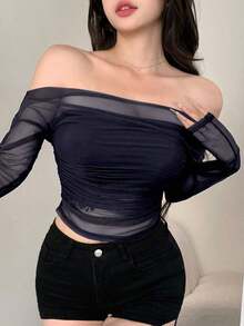 Blusa de mujer de malla elástica transparente con hombros descubiertos, blusa de manga larga para mujer de primavera/verano - Azul marino - Ver 5