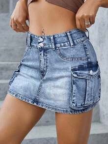 Minifalda de tela vaquera de tiro bajo, de moda para el verano - Azul - Ver 6