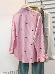 Camisa de manga larga con estampado a rayas y lazo, con botones delanteros, cuello de camisa, top casual, adecuado para primavera, otoño e invierno en color rosa - Rosa - Ver 9