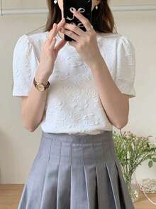 Blusa de mujer de manga corta y cuello redondo, camiseta de verano - Blanco - Ver 2