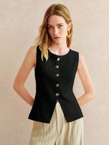 Blusa de punto sin mangas con botones delanteros de unicolor para uso casual y de oficina para mujeres - Negro - Ver 5