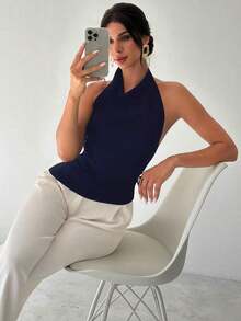 Camisa elegante de oficina para mujer, blusa negra ajustada con cuello asimétrico, sin mangas, halter, espalda descubierta, decoración de botones ajustables, ropa de primavera/verano, elegante, sexy - Azul marino - Ver 6