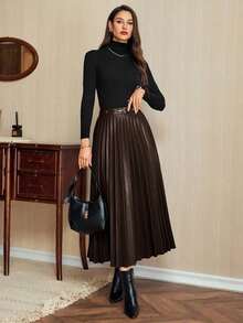 DECDS Falda plisada elegante vintage para mujer, de cuero sintético, para uso casual en la oficina, vacaciones, fiesta.Falda plisada maxi elegante en color borgoña, falda de cuero sintético elegante, falda plisada midi, falda borgoña, para otoño, invierno, Navidad, Acción de Gracias para mujeres - Caqui - Ver 11
