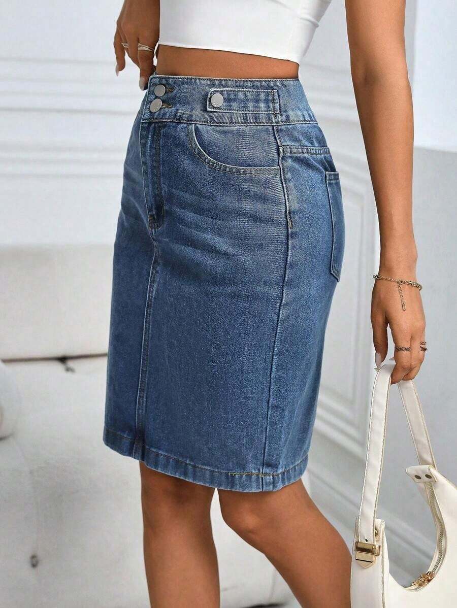Falda lápiz de mezclilla de cintura alta de unicolor simple para uso casual, oficina y trayecto diario - Azul lavado oscuro - Ver 1