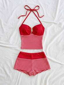 2 piezas Conjunto de camiseta de tirantes y pantalones cortos de punto a rayas con hebilla de metal, estilo casual de vacaciones, adecuado para fiesta, San Valentín, cita, discoteca, bohemio, vacaciones, otoño, ropa de mujer, vintage, días fest - Rojo - Ver 4