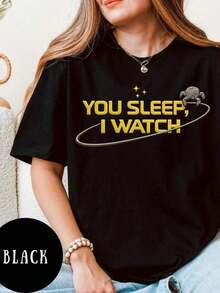 You Sleep I Watch Alien Shirt, Project Hail Mary Rocky Inspired Tee, Sci-Fi Sweatshirt Women's Fashionable Casual T-Shirt With Creative Print, Short Sleeve, Round Neck, Summer T-Shirt Women Festive Celebration Shirt Party Wear Top - 黑色 - 查看 5