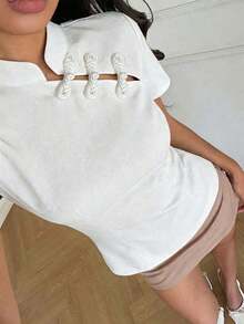 Blusa de cuello Mao de manga corta con cintura ceñida, estilo chino nuevo en color albaricoque, nuevo diseño de primavera/verano para mujer - Blanco - Ver 1