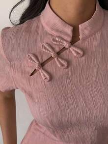 Blusa de cuello Mao de manga corta con cintura ceñida, estilo chino nuevo en color albaricoque, nuevo diseño de primavera/verano para mujer - Rosa vieja - Ver 3