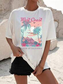 Camiseta de impresión gráfica Casual de la  oeste de la mujer, camiseta de cuello redondo de manga corta, perfecta para Streetwear de verano WN98 - Blanco - Ver 3