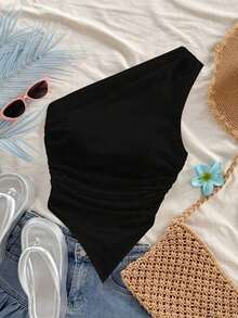 Conjunto de 3 piezas para mujer con top sin mangas con hombros fruncidos, de estilo minimalista y de moda, ideal para vacaciones, primavera y verano - Negro - Ver 7