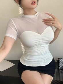Blusa corta de manga corta de malla transparente elegante y ajustada para mujer, con parches de lunares de malla, ideal para primavera y verano, de uso versátil para San Valentín, boda, fiesta, banquete - Beis 2 - Ver 9