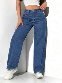 Pantalón de mezclilla con bolsillo y botones al frente, de estilo minimalista, para uso casual diario de mujeres - Azul 2 - Ver 6