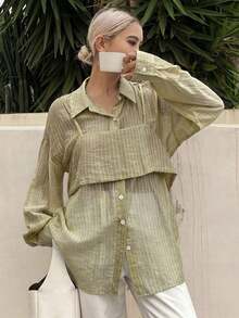 Camisa holgada casual a rayas para mujer, nueva llegada para el otoño - Caqui - Ver 1