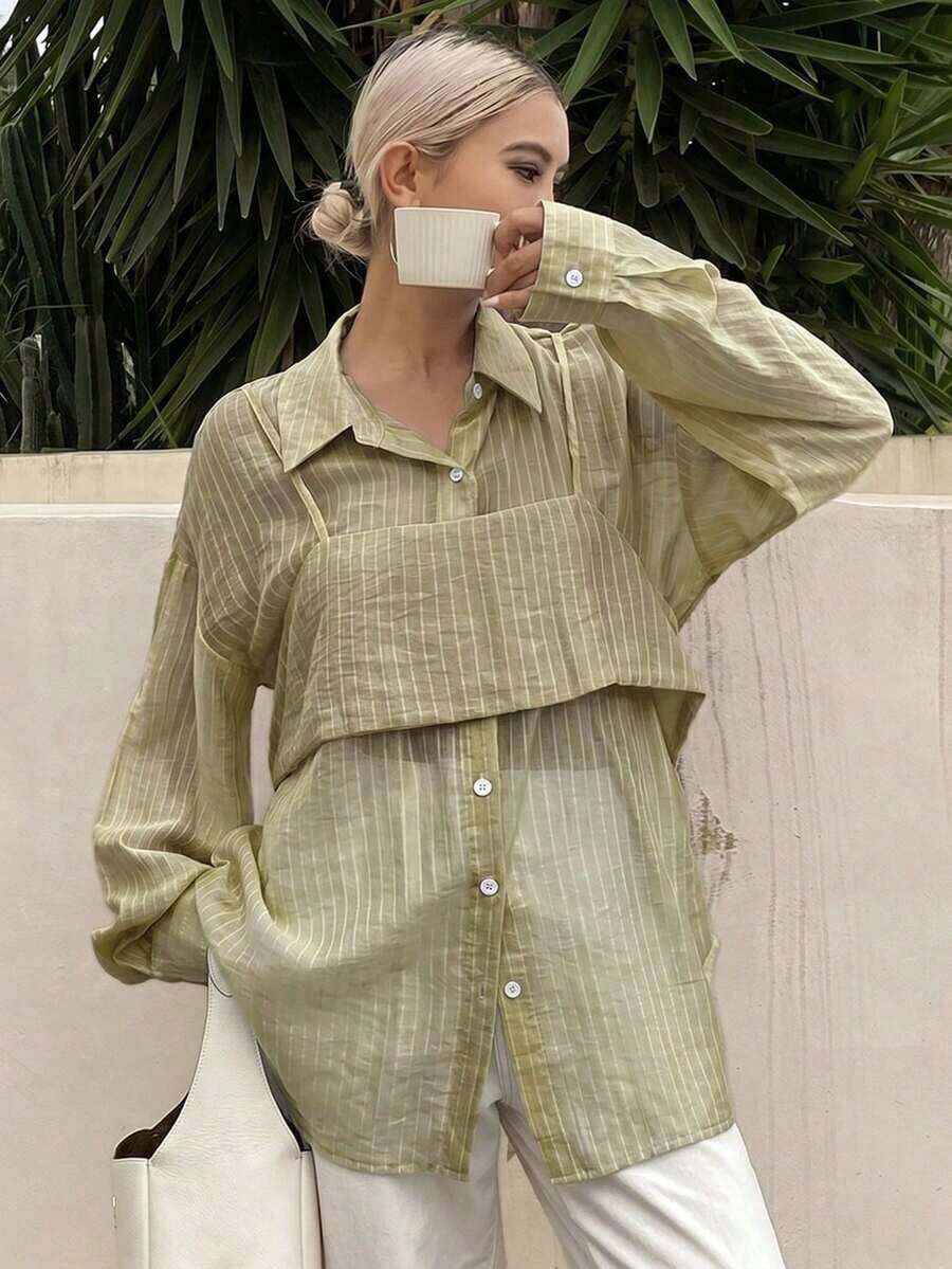 Camisa holgada casual a rayas para mujer, nueva llegada para el otoño - Caqui - Ver 1