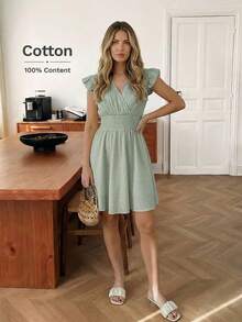 Vestido de verano de línea A con volantes, mangas de campana y cintura fruncida, 100% algodón crepé, casual, relajado, elegante, para uso diario, resort y verano para mujeres - Verde Claro - Ver 4