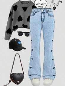 Explorewe Jeans de mezclilla estilo Y2K versátiles lavados y desgastados con pierna acampanada y elásticos para niñas adolescentes - Lavado ligero 2 - Ver 1
