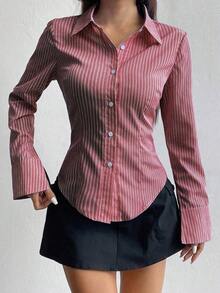 Camisa de manga larga casual a rayas que ciñe la cintura, apta para primavera/verano/otoño, tops de manga larga - Rojo - Ver 5