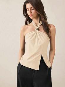 Top con cuello de halter, diseño de botón de metal verde, abertura lateral, elegante y chic para uso urbano y diario, estilo romántico retro de los 90.Adecuado para Navidad, Año Nuevo, San Valentín, fiestas, playa, graduación, moda, carnaval, bod - Albaricoque - Ver 1