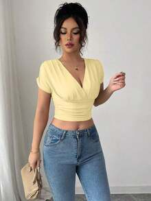 Camiseta casual de mujer con cuello en V y cruce en la cintura - Amarillo - Ver 6