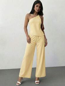 Nueva llegada Primavera/Verano Elegante Top casual de lino color albaricoque con cintura fruncida, bajo asimétrico y espalda descubierta - Amarillo claro - Ver 6