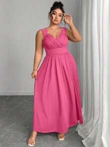 Elenzya Vestido línea A con cuello en V, contraste de encaje, tirantes finos y abertura para tallas grandes - Rosa Fucsia - Ver 6