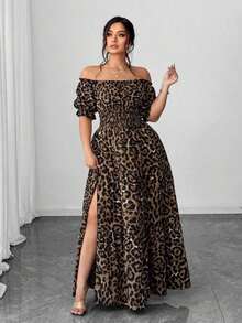 Vestido casual elegante de talla grande para mujer de primavera/verano, en azul sólido de aspecto de mezclilla con cintura fruncida y con abertura lateral - Marrón - Ver 3