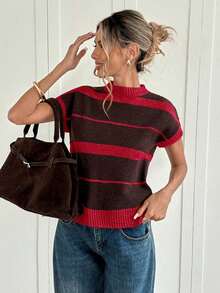 Top de punto a rayas de colores contrastantes para mujer - Rojo - Ver 4