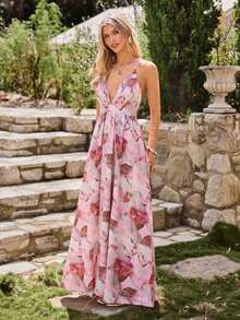 Vestido de una pieza con cuello en pico, espalda abierta cruzada y estampado de leopardo para primavera - Rosa - Ver 4