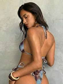 Conjunto de bikini con estampado de teñido anudado para mujer, traje de baño de mujer con decoración de concha iridiscente sexy para fiestas y festivales de música, atuendo de playa de vacaciones para mujer - Blanco - Ver 3