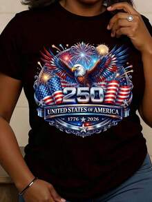 Women's Pure Cotton Casual Crew Neck T-Shirt, Eagle And Flag Print Design For The 250th Anniversary Of The United States Of America, Soft, Comfortable And Stretchy Fabric For Festive Celebrations And Everyday Wear In All Seasons. - 黑色 - 查看 1