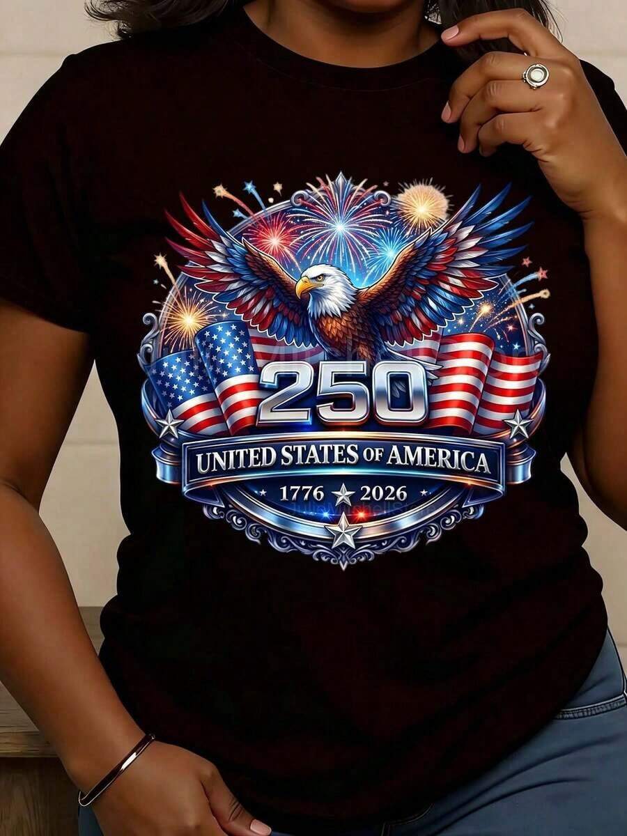 Women's Pure Cotton Casual Crew Neck T-Shirt, Eagle And Flag Print Design For The 250th Anniversary Of The United States Of America, Soft, Comfortable And Stretchy Fabric For Festive Celebrations And Everyday Wear In All Seasons. - 黑色 - 查看 1