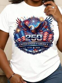 Women's Pure Cotton Casual Crew Neck T-Shirt, Eagle And Flag Print Design For The 250th Anniversary Of The United States Of America, Soft, Comfortable And Stretchy Fabric For Festive Celebrations And Everyday Wear In All Seasons. - 白色 - 查看 6