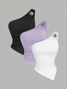 Blusa de unicolor minimalista con cuello asimétrico y hebilla de metal para mujer - Multicolor 4 - Ver 8
