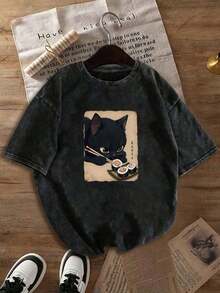 Camiseta de manga corta con estampado de gato negro retro vintage comiendo sushi, diseño de nicho, camiseta retro, camiseta de cuello redondo, esencial para primavera/verano, ropa interior para invierno, top de mujer, otoño/invierno, ajuste cómodo casual - Negro - Ver 6