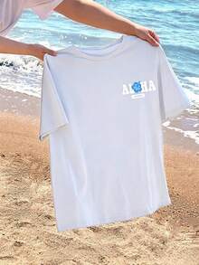 Camiseta Gráfica, Estilo Casual Minimalista, Estampado Floral de Hibisco Tropical Hawaiano, Corte Holgado para Mujer, Ideal para Vacaciones de Verano - Blanco - Ver 3