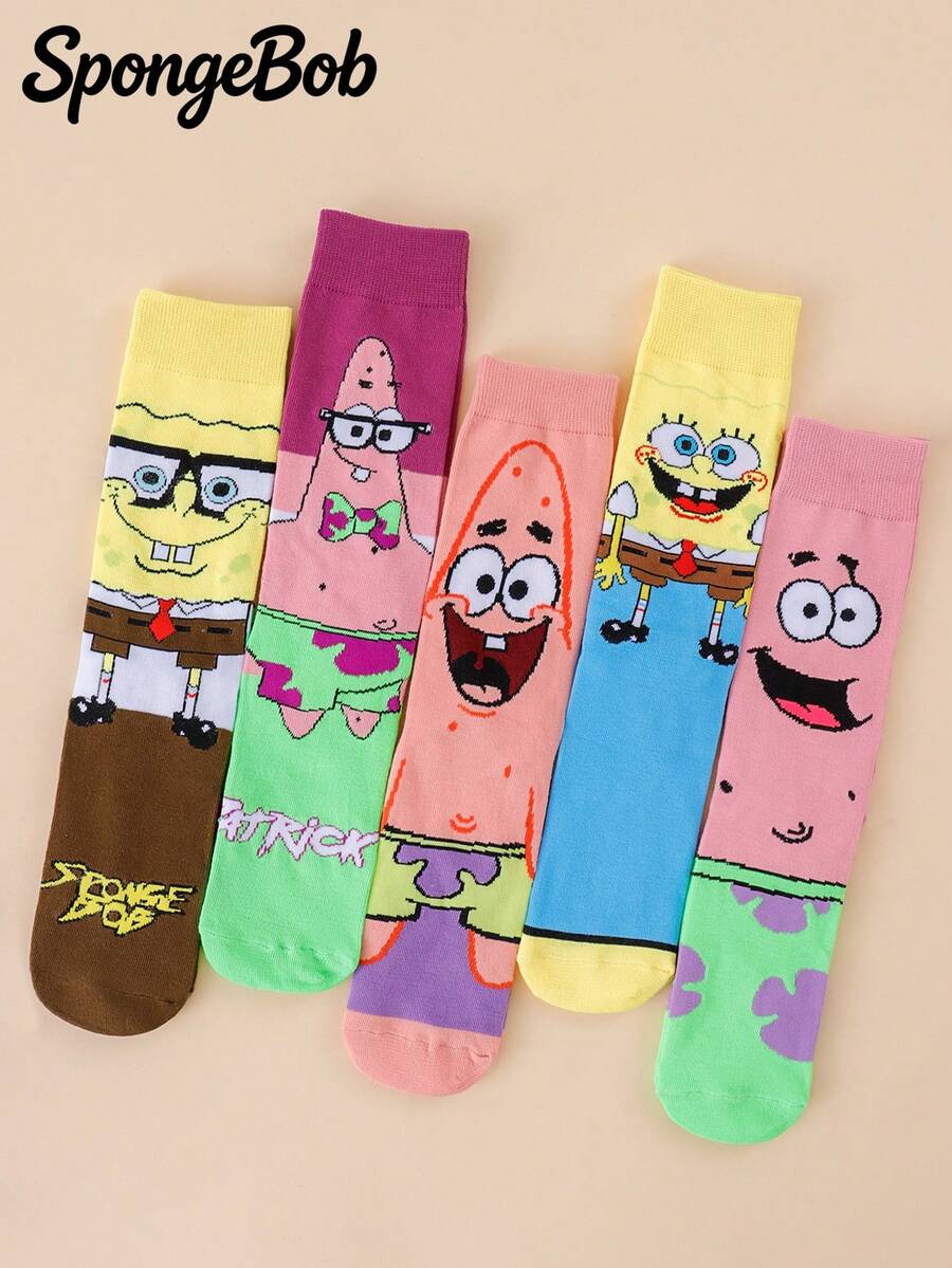 SpongeBob SquarePants 5雙隨機款 SquarePants 卡通中筒襪，適合街頭風與休閒穿搭，可愛校服與日常穿著 - 彩色 - 查看 1