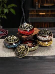 大型陶瓷香炉（配复古铜盖） - 含炭盘和蚊香架，中式香薰炉，适用于线香、线圈香和树脂香，是居家香氛和装饰品的理想之选。 - 同款 - 查看 2