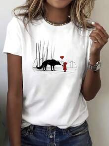 Camiseta manga corta cuello redondo 100% algodón, estampado trendy, tejido ligero y ventilado, estilo moda casual, apta para vida diaria, salidas informales y citas en primavera, verano y otoño - Blanco - Ver 1
