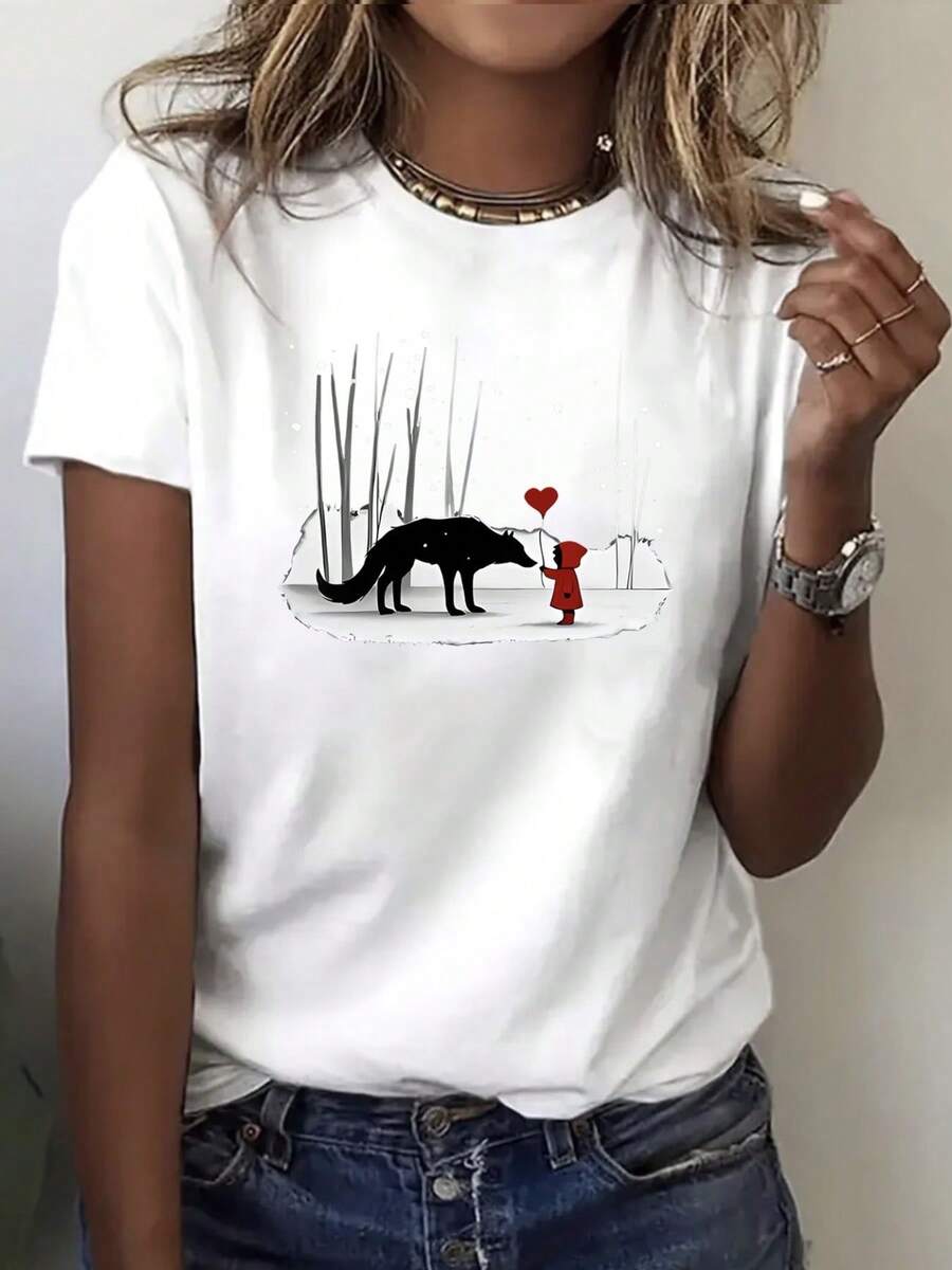 Camiseta manga corta cuello redondo 100% algodón, estampado trendy, tejido ligero y ventilado, estilo moda casual, apta para vida diaria, salidas informales y citas en primavera, verano y otoño - Blanco - Ver 1