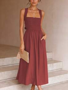 Vestido tirantes cuello barco algodón lino unicolor espalda descubierta elegante sensual estilo europeo verano - Marrón - Ver 1