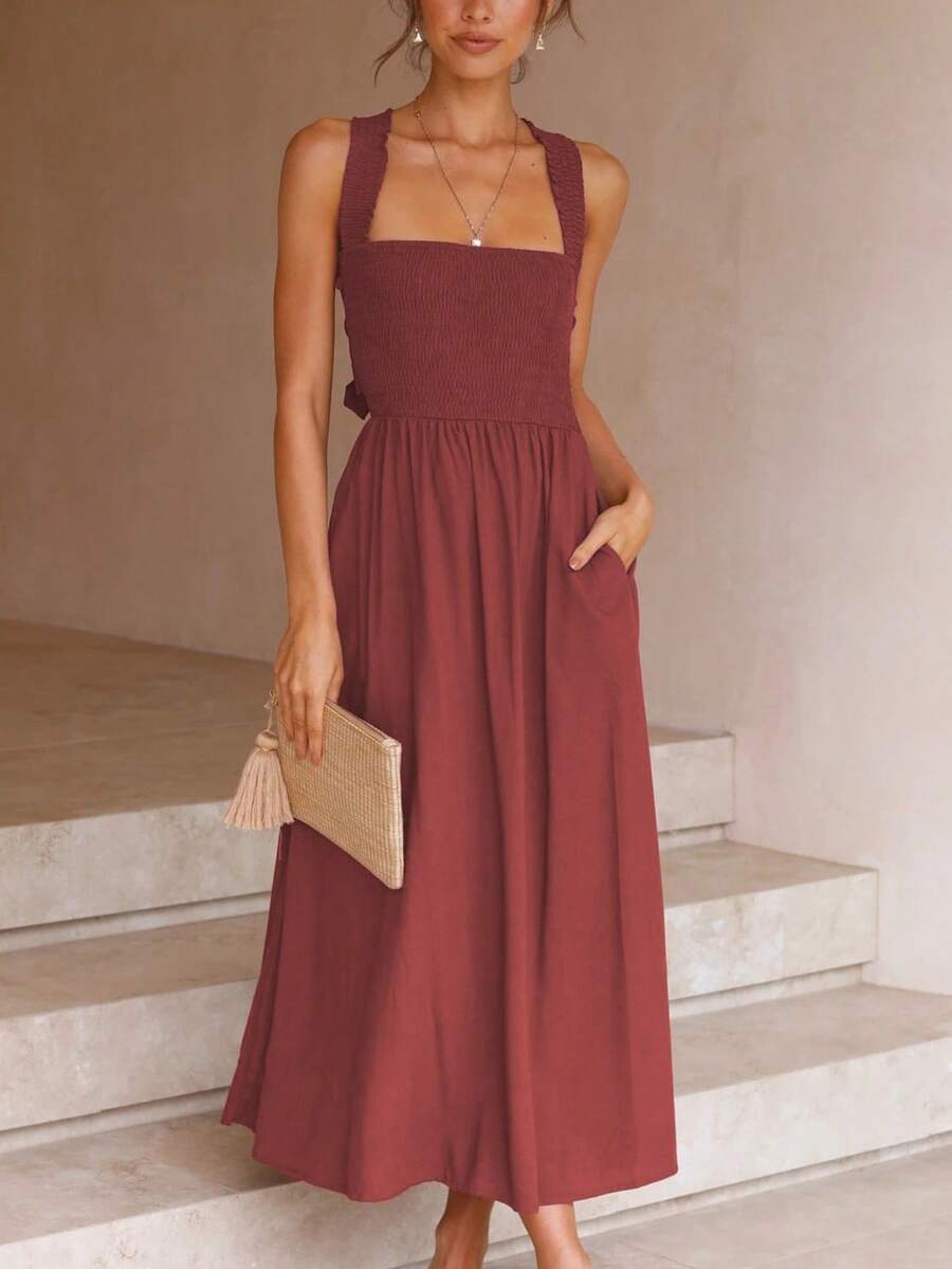 Vestido tirantes cuello barco algodón lino unicolor espalda descubierta elegante sensual estilo europeo verano - Marrón - Ver 1