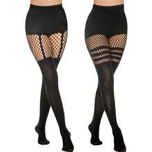 MANZI Faux Thigh High Tights Mock Suspender Pantyhose Striped Goth Fishnets Pack Of 2 - Black - View 1
