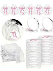 Juego de 16 piezas de mini espejos de bolsillo (8 espejos de maquillaje + 8 bolsas de organza), espejos cosméticos redondos plegables decorados con lazos rosas, lazos de estrellas blancas y lazos blancos sólidos, accesorios de belleza coreanos portátiles, regalos para mujeres, recuerdos de cumpleaños y despedida de soltera - Lazo blanco - Ver 1