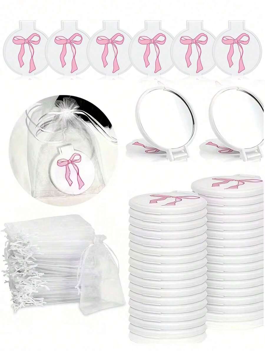 Juego de 16 piezas de mini espejos de bolsillo (8 espejos de maquillaje + 8 bolsas de organza), espejos cosméticos redondos plegables decorados con lazos rosas, lazos de estrellas blancas y lazos blancos sólidos, accesorios de belleza coreanos portátiles, regalos para mujeres, recuerdos de cumpleaños y despedida de soltera - Lazo blanco - Ver 1