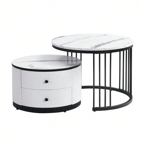 Elegant Set Of 2 Stackable Coffee Tables In White, 60*60*45.5 Cm And 50*50*32 Cm, Round With A Glossy Marble Effect Finish, 2 Drawers, Load Capacity Up To 30 Kg, Combination Of Stackable Coffee Tables. - Black and White - View 1