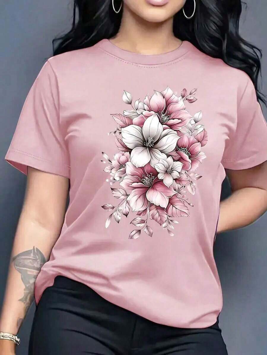 Women's Graphic T-Shirt, Short Sleeve, Round Neck, Basic, Comfortable, Cool, Lightweight, Modern, Youthful, Feminine, Floral Print, Lily, Leaves, 3D - 羅莎 - 查看 1